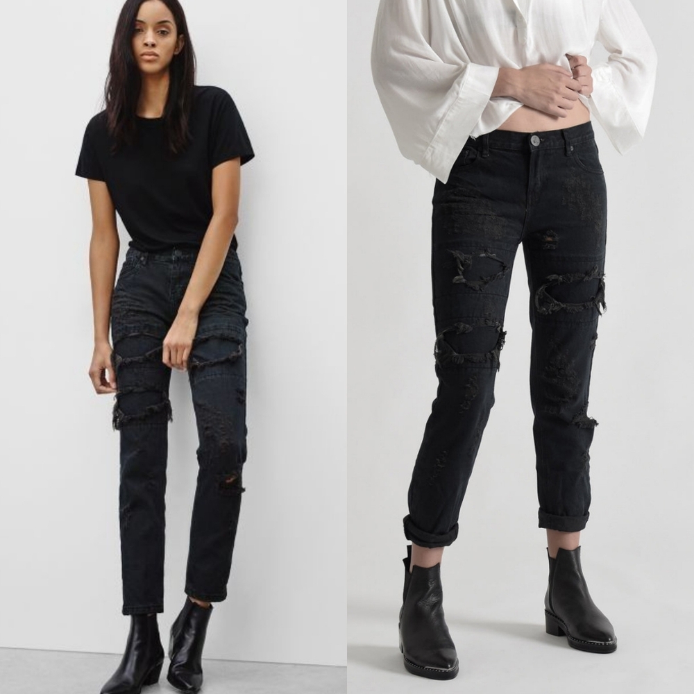 One Teaspoon Awesome Baggies Fox Black Destroyed Relaxed Leg Jeans Size 28